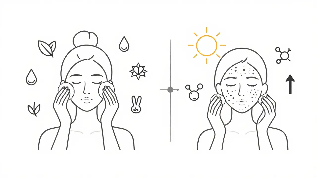 Srovnání použití pleťové vody a toniku na citlivou a akné-proniknoutou pokožku v minimalistickém stylu.