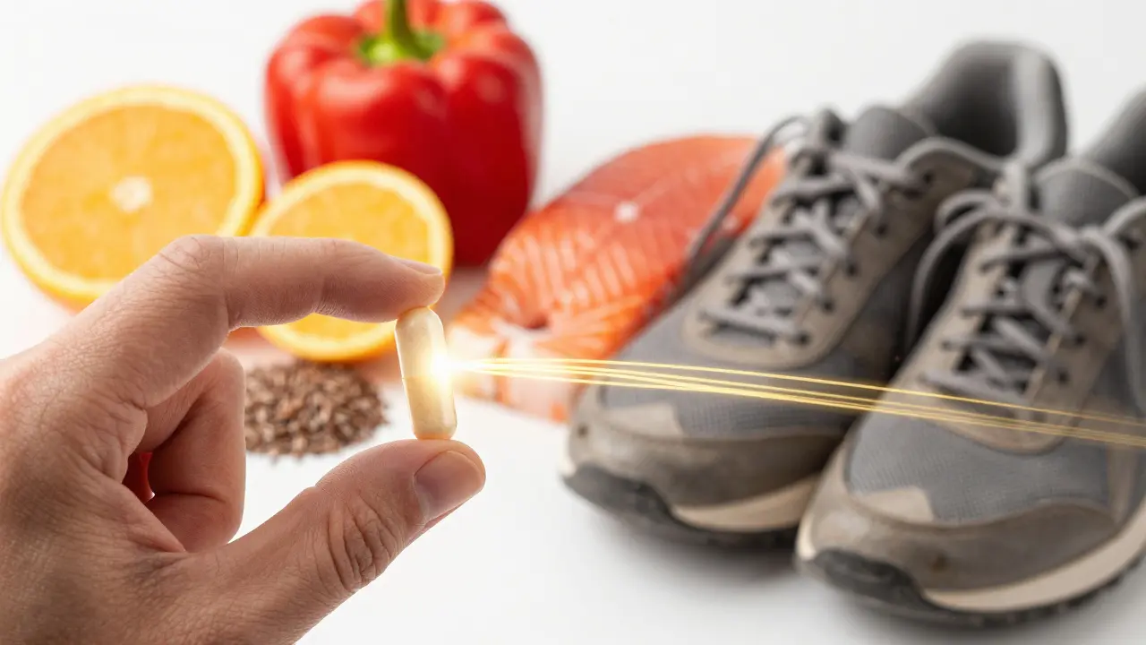 Svítící kapsle kolagenu spojená s potravinami bohatými na vitamin C a omega-3 pro péči o klouby.