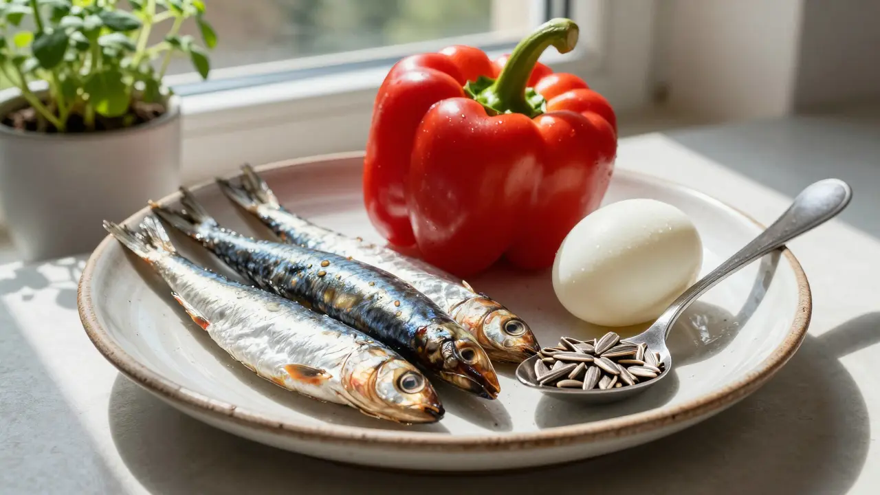 Talíř s sardinkami, červenou paprikou, vajíčkem a slunečnicovými semínky na dřevěném stole.