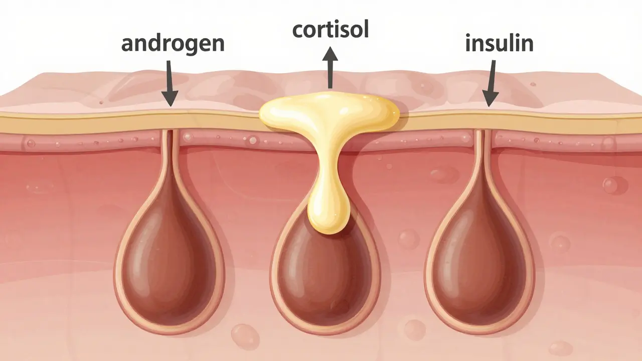 Vnitřní stavba kůže s tukovými žlázami vyrábějícími sebum pod vlivem hormonů.