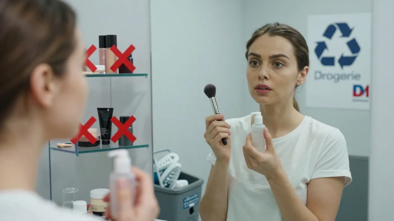 Žena si upravuje make-up v zrcadle, zatímco za ní jsou vyhodné kosmetické nádoby s červenými křížky a na pozadí recyklační koš s logem DM.