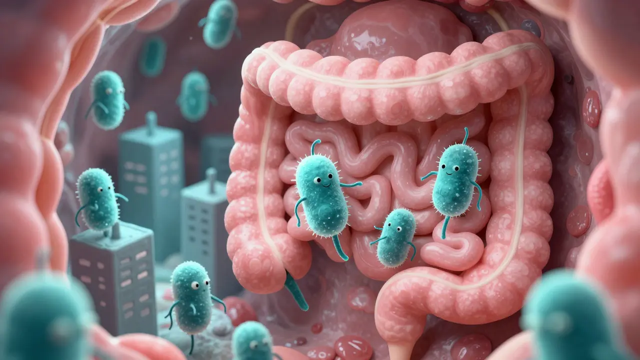 3D ilustrace prospěšných bakterií kolonizujících stěnu lidského střeva.