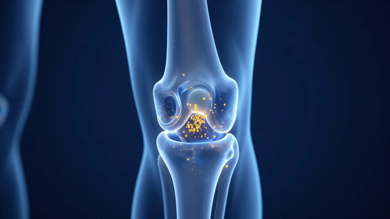 3D vizualizace kolenního kloubu s absorpcí kolagenových peptidů do chrupavky.