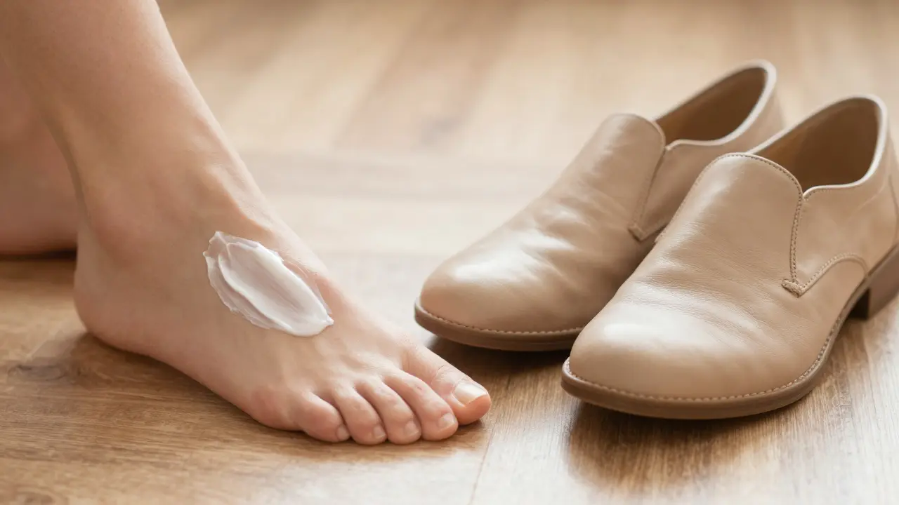 Aplikace hydratačního krému na patu a kvalitní pohodlná obuv.