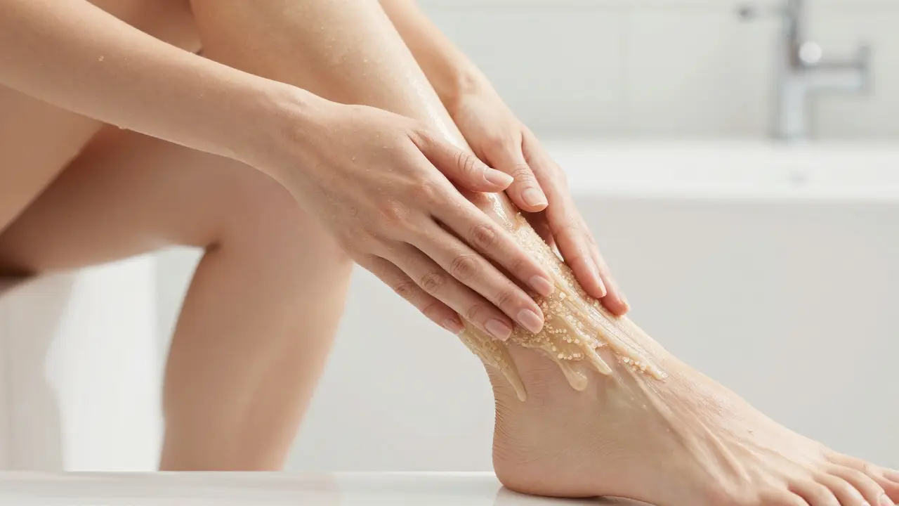 Aplikace solného peelingu na kůži v moderní koupelně.