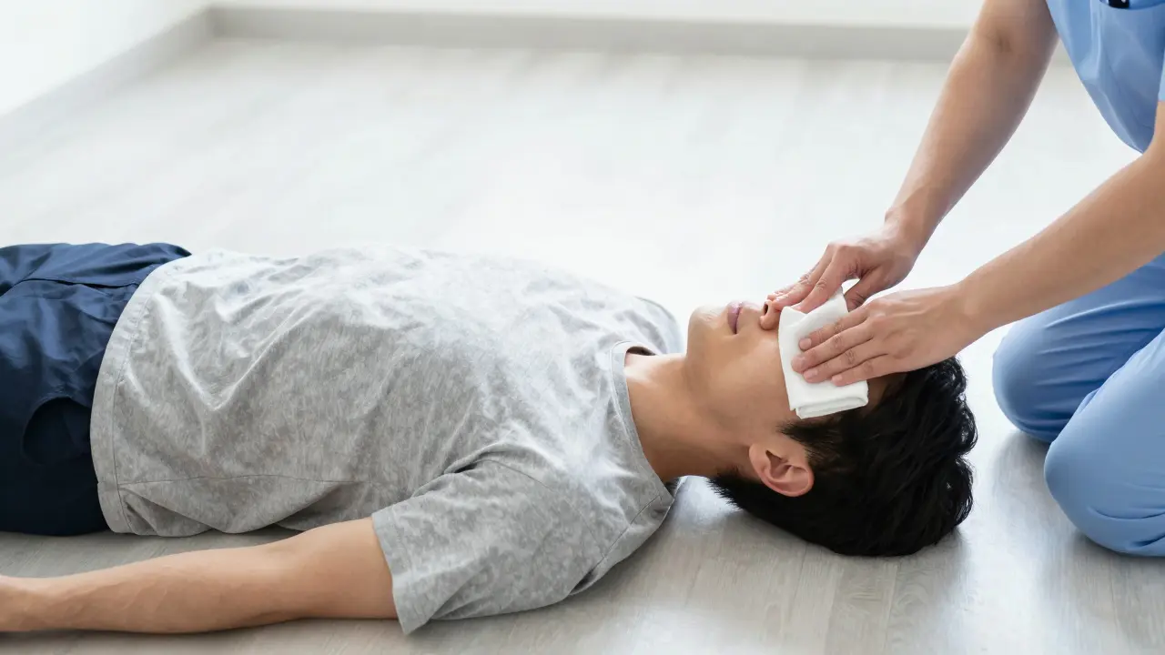 Člověk v boční stabilní poloze s vlažným obkladem na čele jako první pomoc.