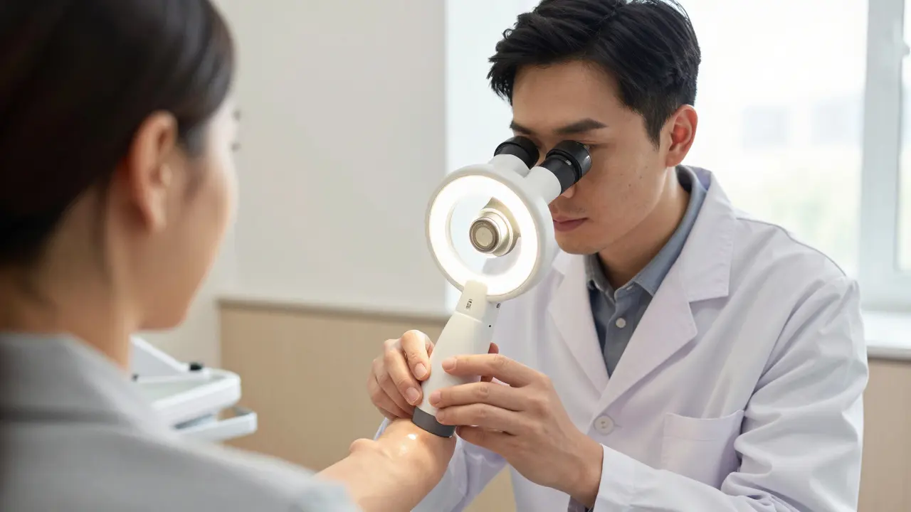 Dermatolog zkoumá kůži pacienta pomocí dermatoskopu v ordinaci.