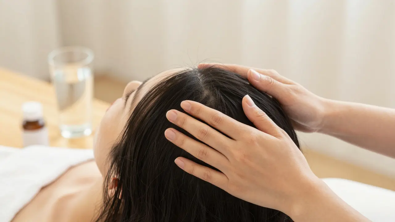 Detail ruky provádějící masáž pokožky hlavy pro lepší prokrvení a růst vlasů.