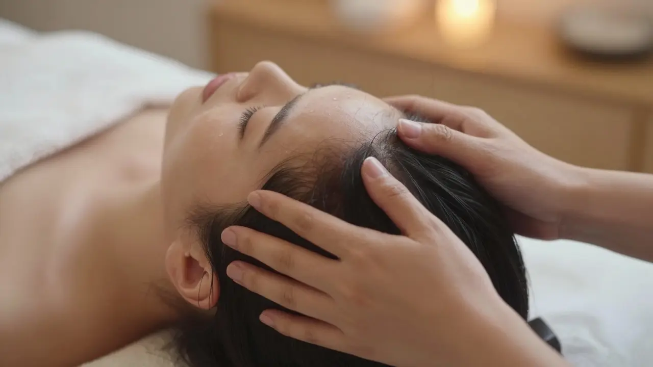 Detail ruky provádějící stimulující masáž pokožky hlavy pro lepší cirkulaci krve.