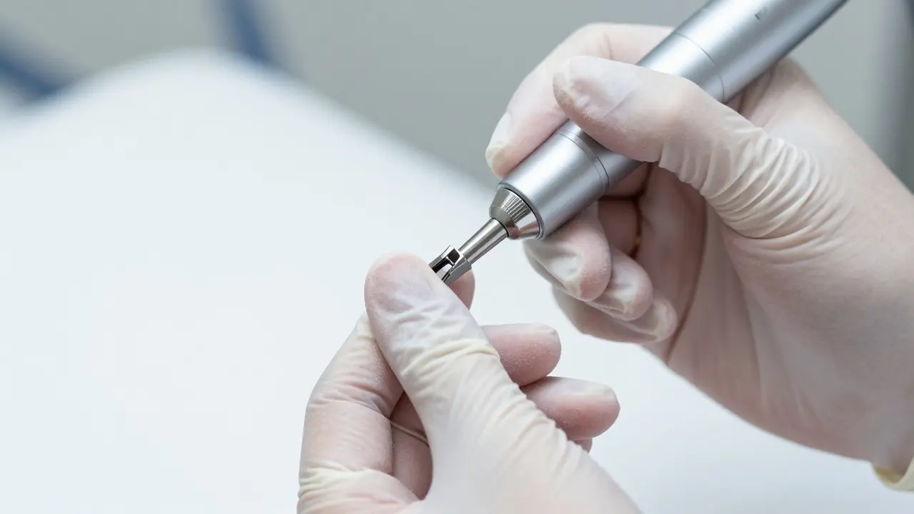 Detailní pohled na profesionální úpravu nehtu pomocí elektrické frézy.