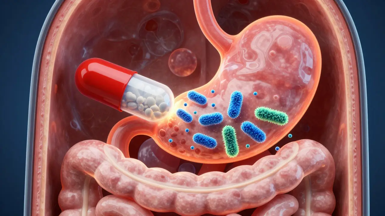 Ilustrace cesty probiotik skrze žaludek do střev