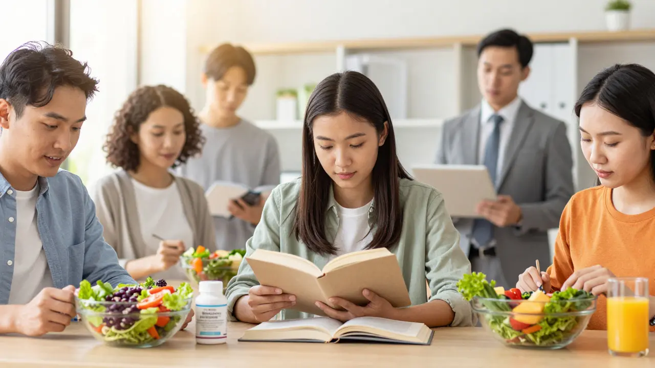 Kolaž lidí různých životních stylů, včetně studenta a vegana, v přirozeném světle.