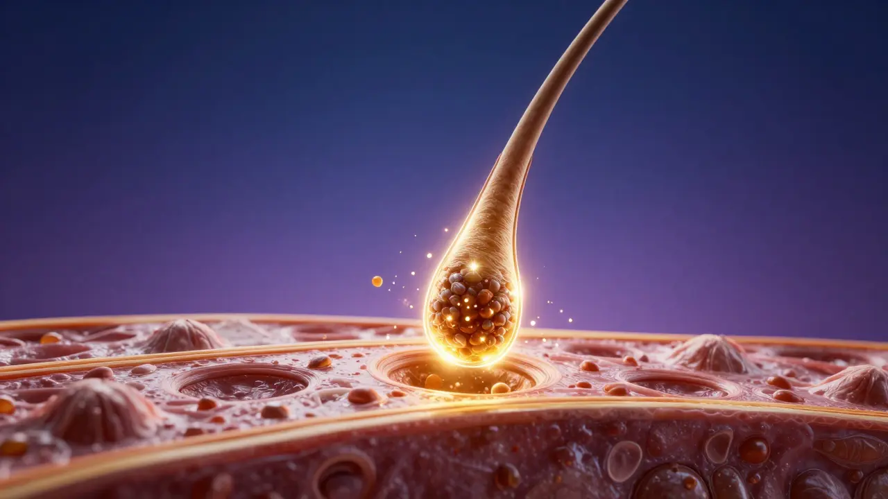 Konceptuální 3D zobrazení vlasového folikulu s proudem živin do kořene vlasu.