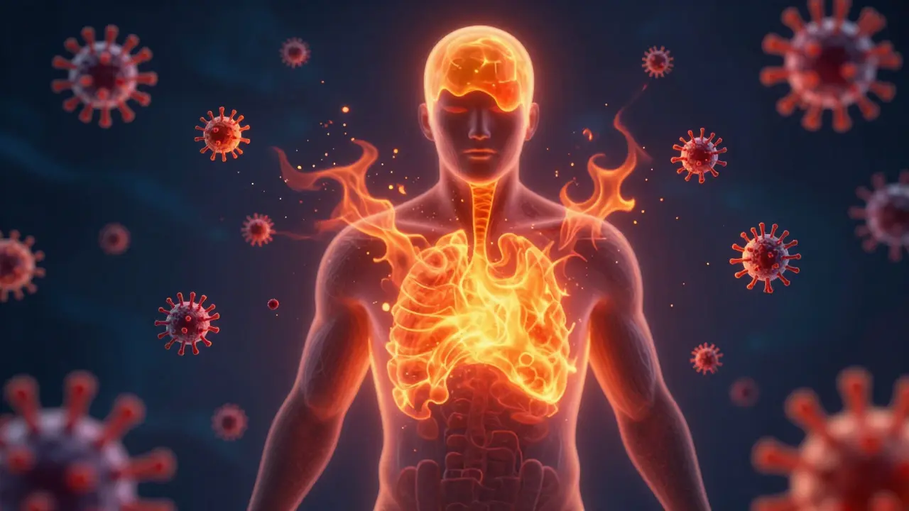 Konceptuální ilustrace imunitního systému bojujícího s viry pomocí vysoké teploty.