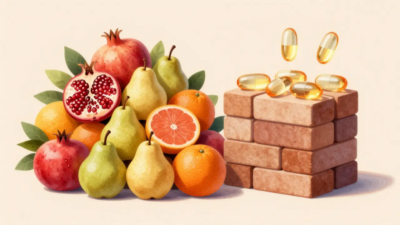 Konceptuální ilustrace znázorňující ovoce jako základ zdraví oproti doplňkům stravy.