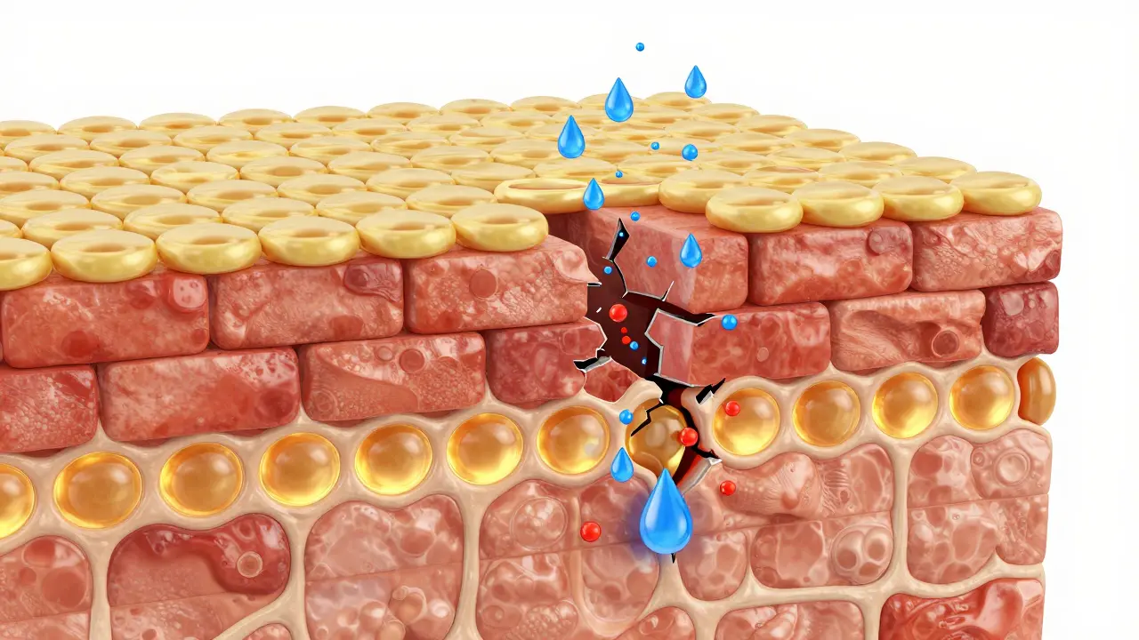 Konceptuální znázornení kožní bariéry jako cihlové zdi s lipidy.