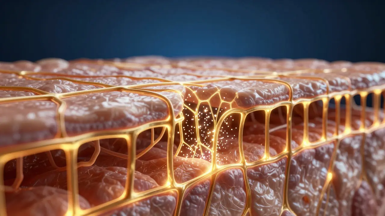 Konceptuální znázornení regenerace kolagenových vláken v hlubších vrstvách pleti.