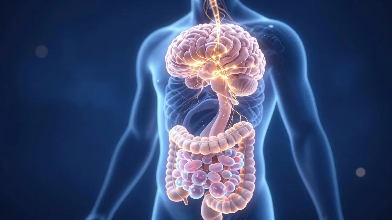 Konceptuální znázornění spojení mezi mozkem a střevem pomocí světelných vláken.