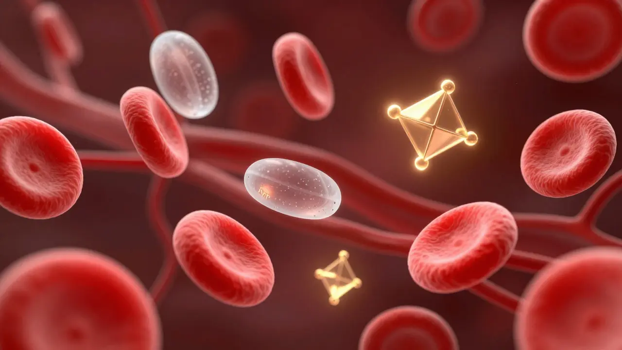 Konceptuální zobrazení červených krvinek a energetických molekul ATP v krvi.