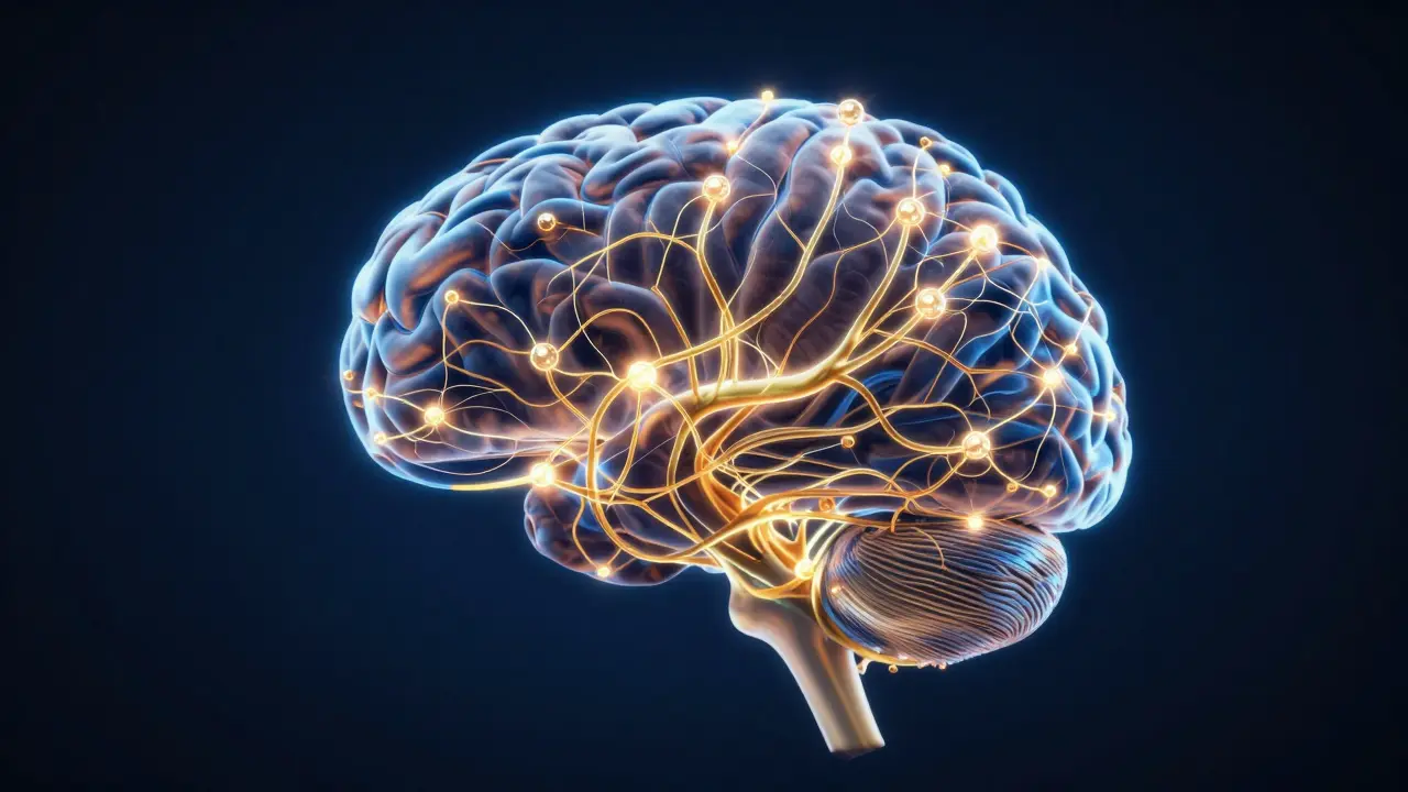 Konceptuální zobrazení neuronové sítě v mozku s aktivujícími se vitamíny B.