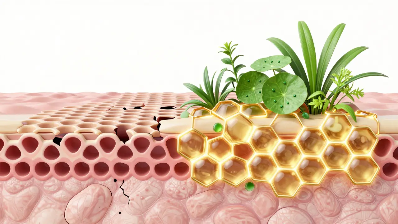 Konceptuální zobrazení obnovy kožní bariéry s ceramidy a bylinkami.