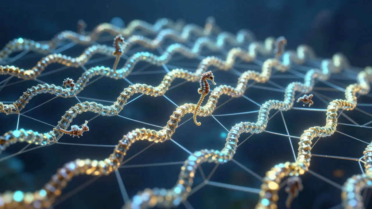 Konceptuální zobrazení proteinových vláken mořského kolagenu chránících embrya.
