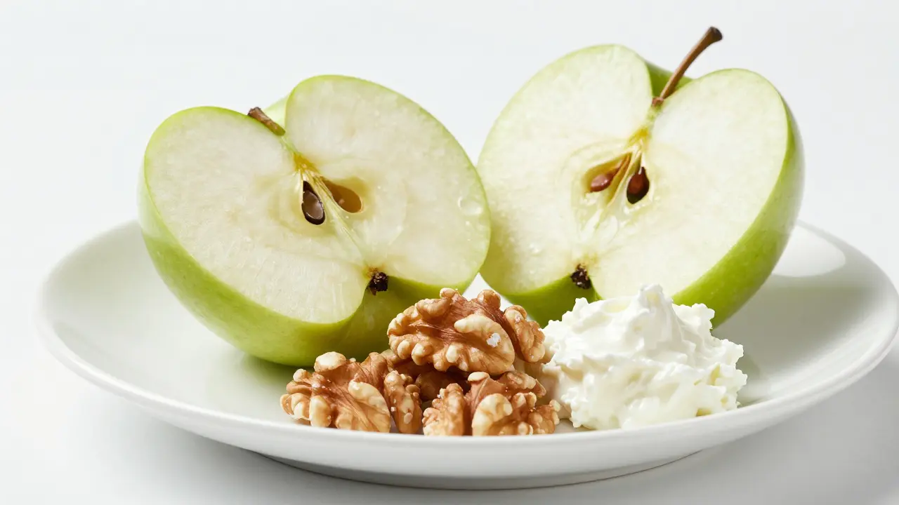 Kousek jablka s vlašskými ořechy a tvarhem na bílém talíři.