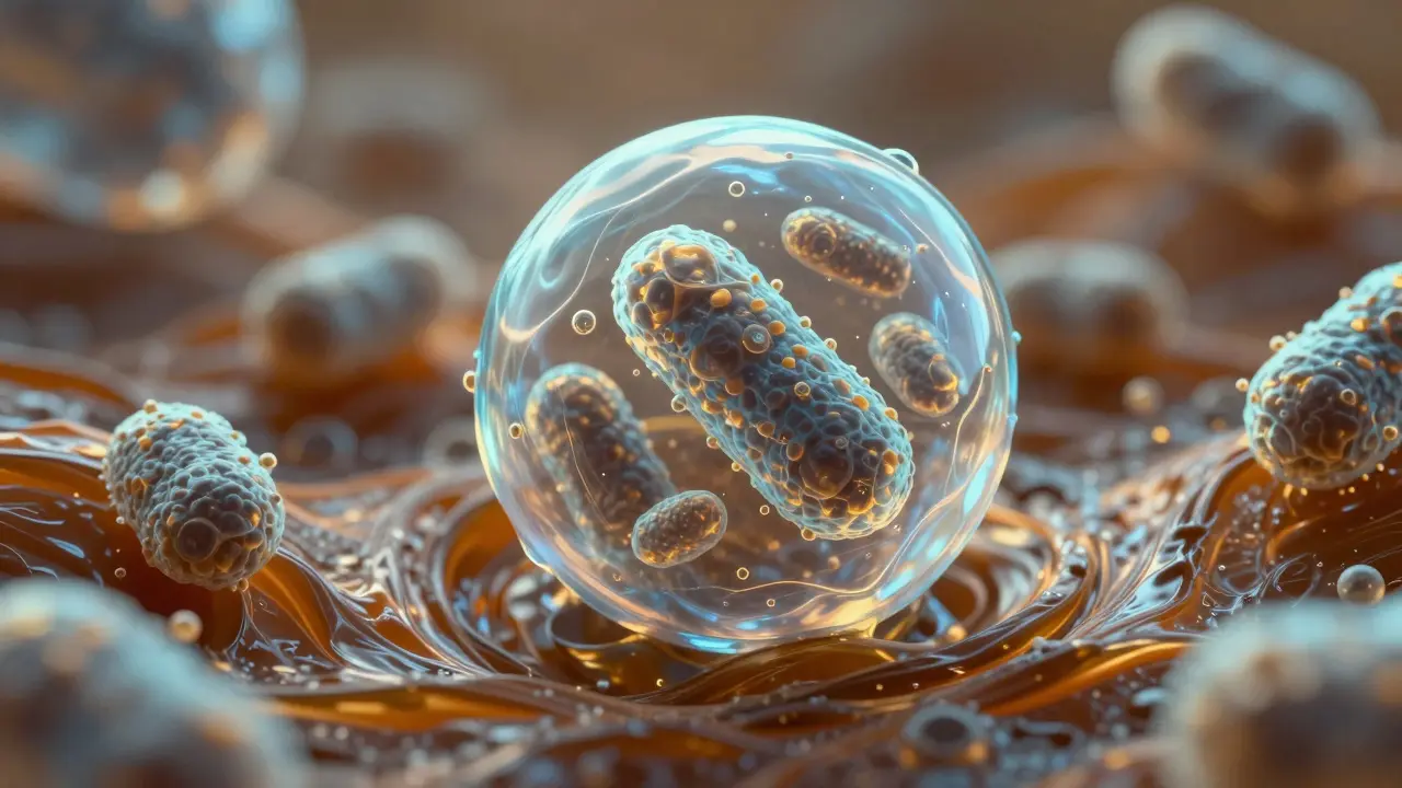 Mikroskopická ilustrace probiotické bakterie chráněné tukovým kokonem v žaludeční kyselině.