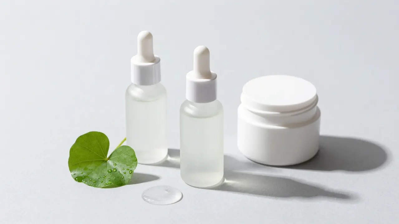 Minimalistické dermokosmetické produkty a list Centella asiatica.