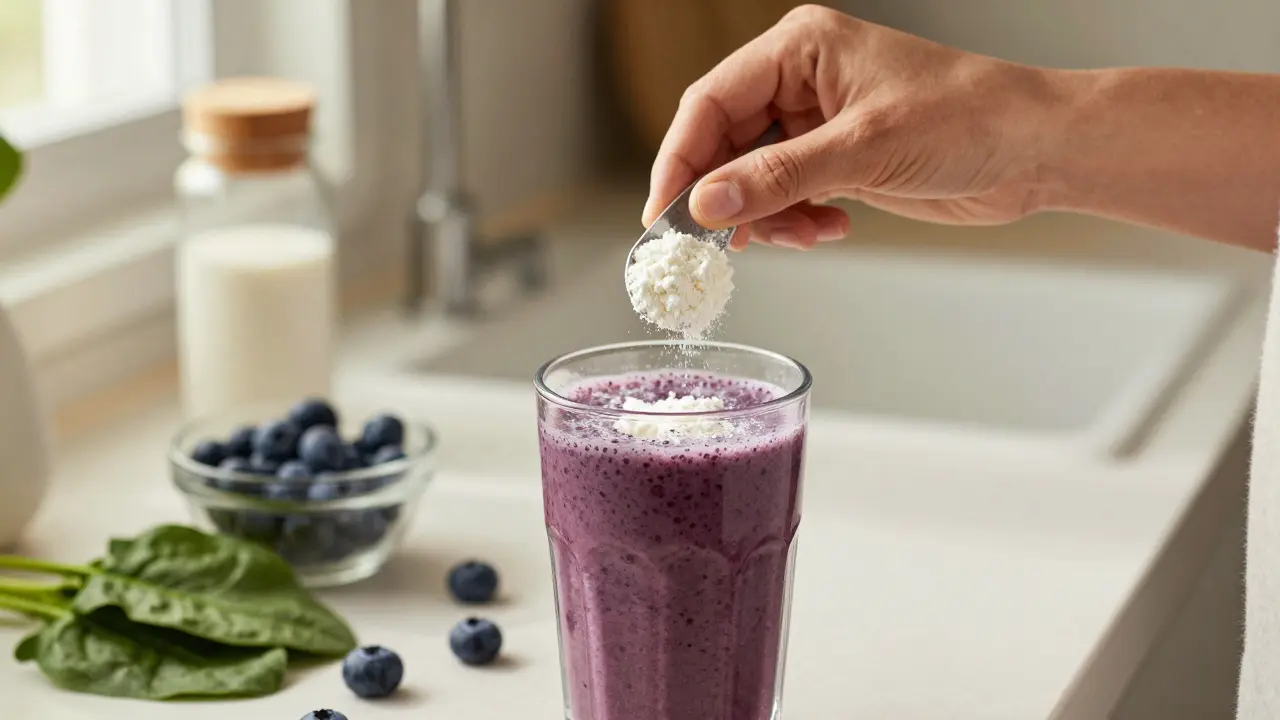 Ruce míchající kolagenový prášek do zdravého fialového smoothie v osvětlené kuchyni.