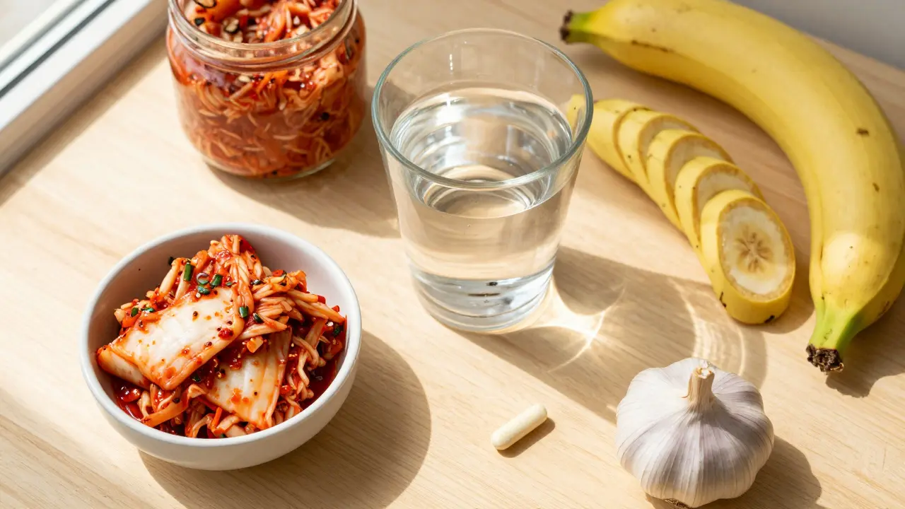 Sada zdravých potravin, fermentovaná zelenina a probiotika