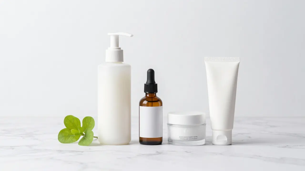 Sada zklidňujících kosmetických produktů na bílém mramoru.