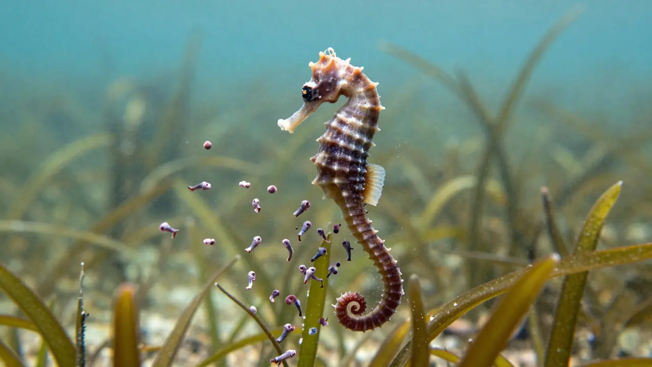 Samec mořského koníka vypouštějící stovky malých mládí do proudu vody.