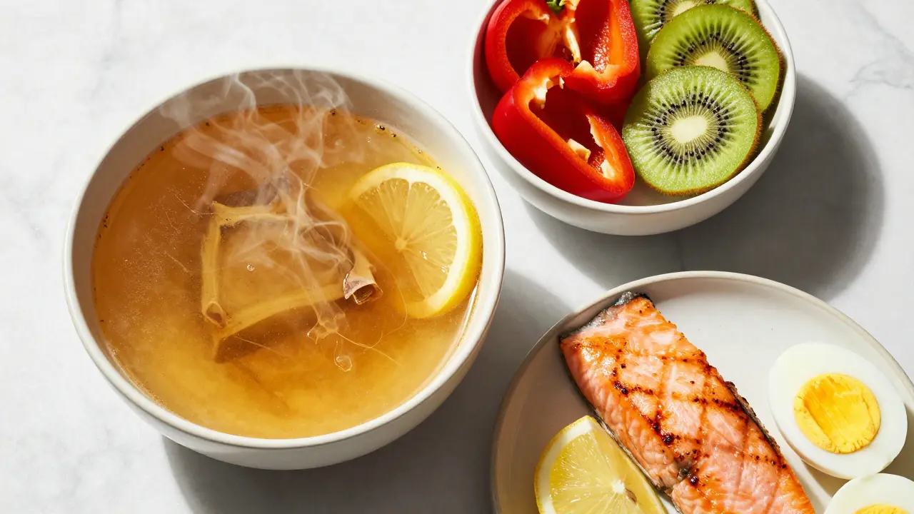 Sestava potravin podporujících kolagen: kostní vývar, losos, červená paprika a vajíčka.