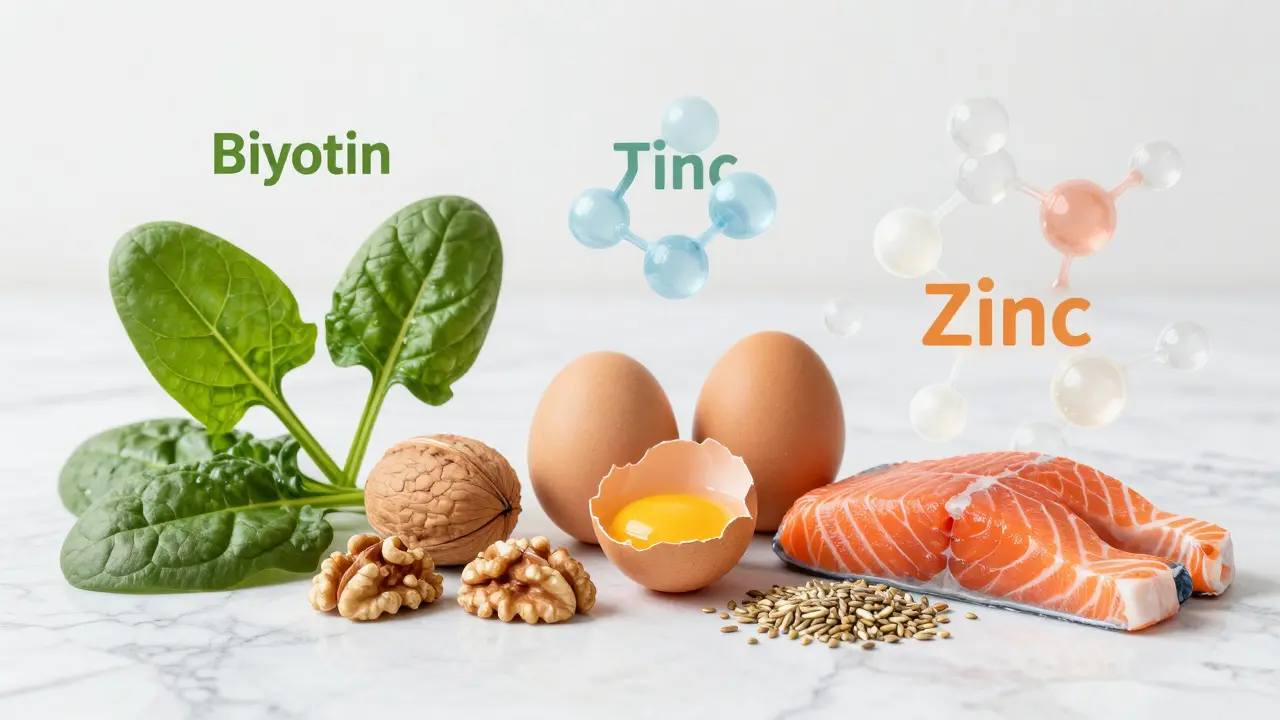Sestava zdravých potravin jako špenát, ořechy a losos s vizualizací vitamínů.