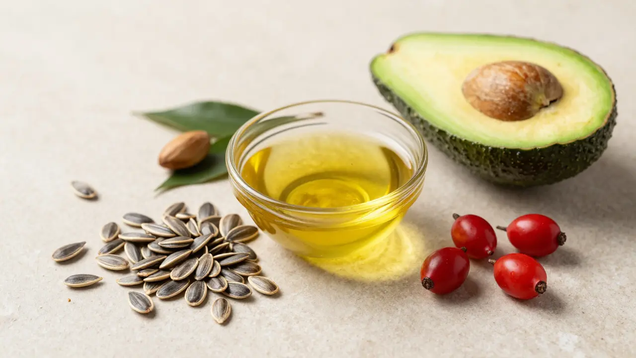 Složení pleťových olejů: arganový olej, jojoba, avokádo a plody šípků na kameni.