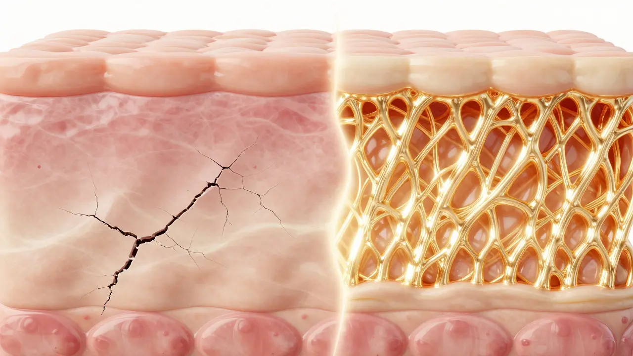 Srovnání povadlé kůže s regenerovanou pletí s pevnou strukturou kolagenu.