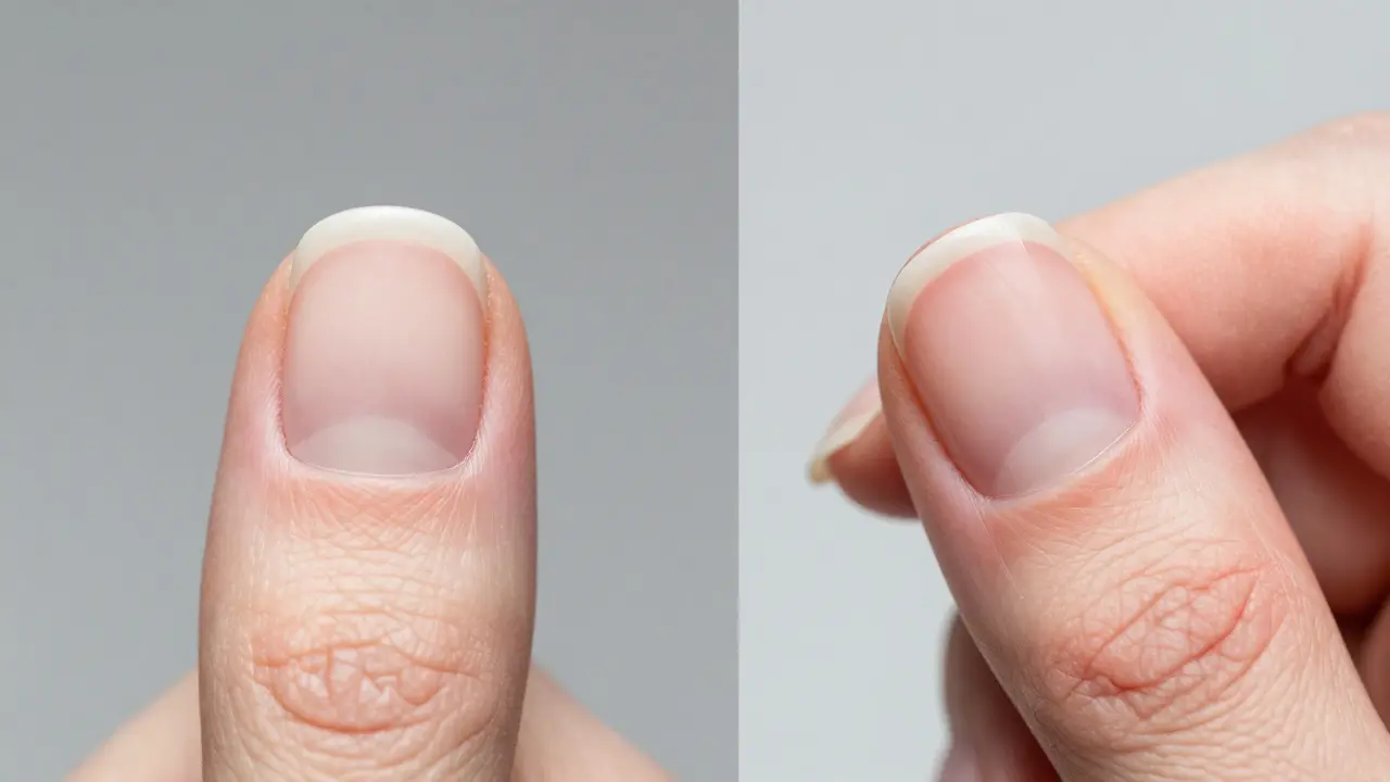 Srovnání správné a nesprávné aplikace UV gelu na nehet.