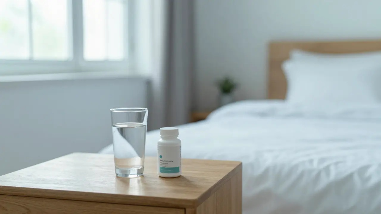 Světlý pokoj s glasses vody a doplňky stravy symbolizující zdravý start do dne.