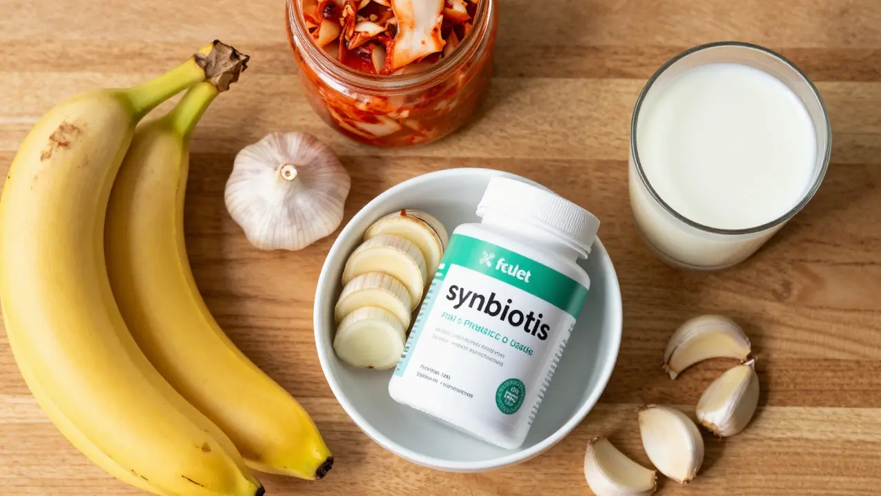 Zdravá potravina jako banány, kimchi a kefir na dřevěném stole.