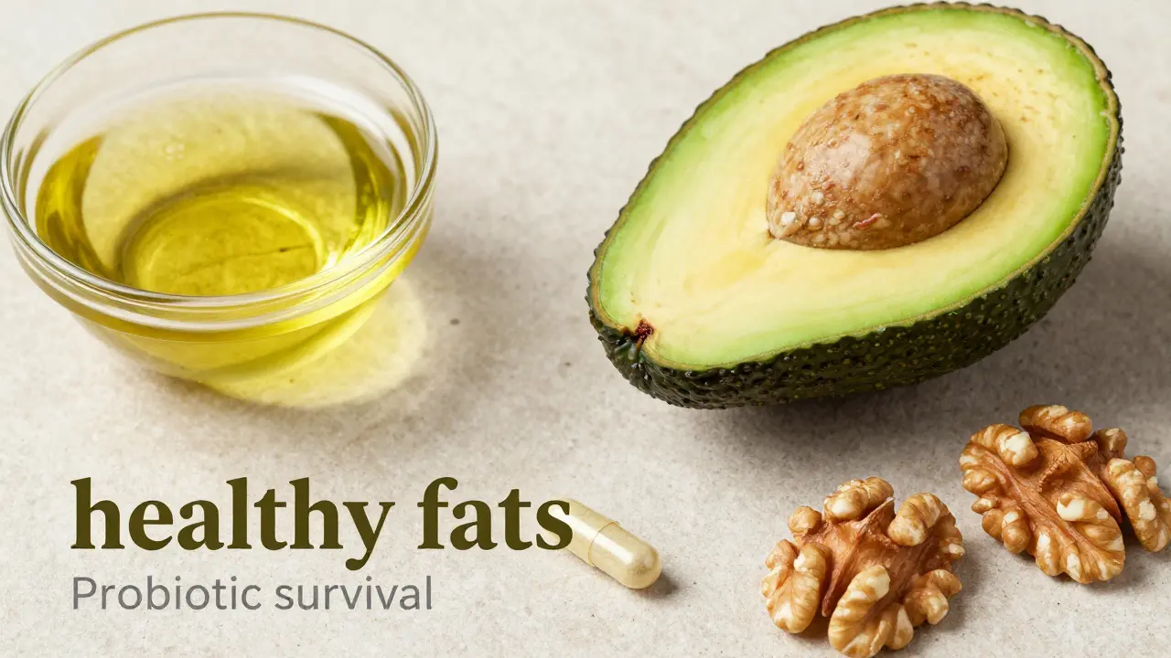 Zdravé tuky jako avokádo, olivový olej a ořechy vedle probiotické kapsle na kamenném podkladu.