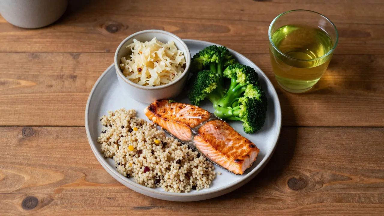 Zdravý talíř s lososem, quinoa a kysanou kapustou pro podporu psychického zdraví.