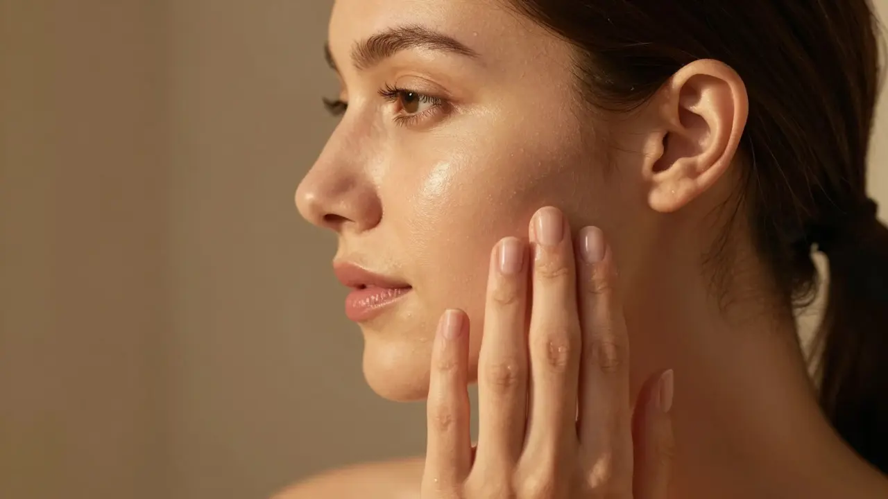 Žena s rozjasněnou pletí aplikující pleťový olej během večerní skincare rutiny.