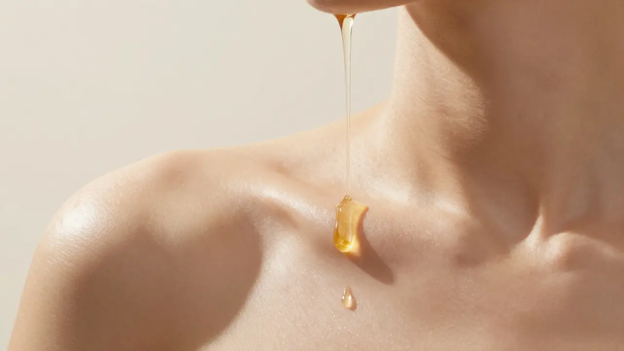 Zlatý tělový olej nanášený na hladkou a zářivou pokožku épaules.