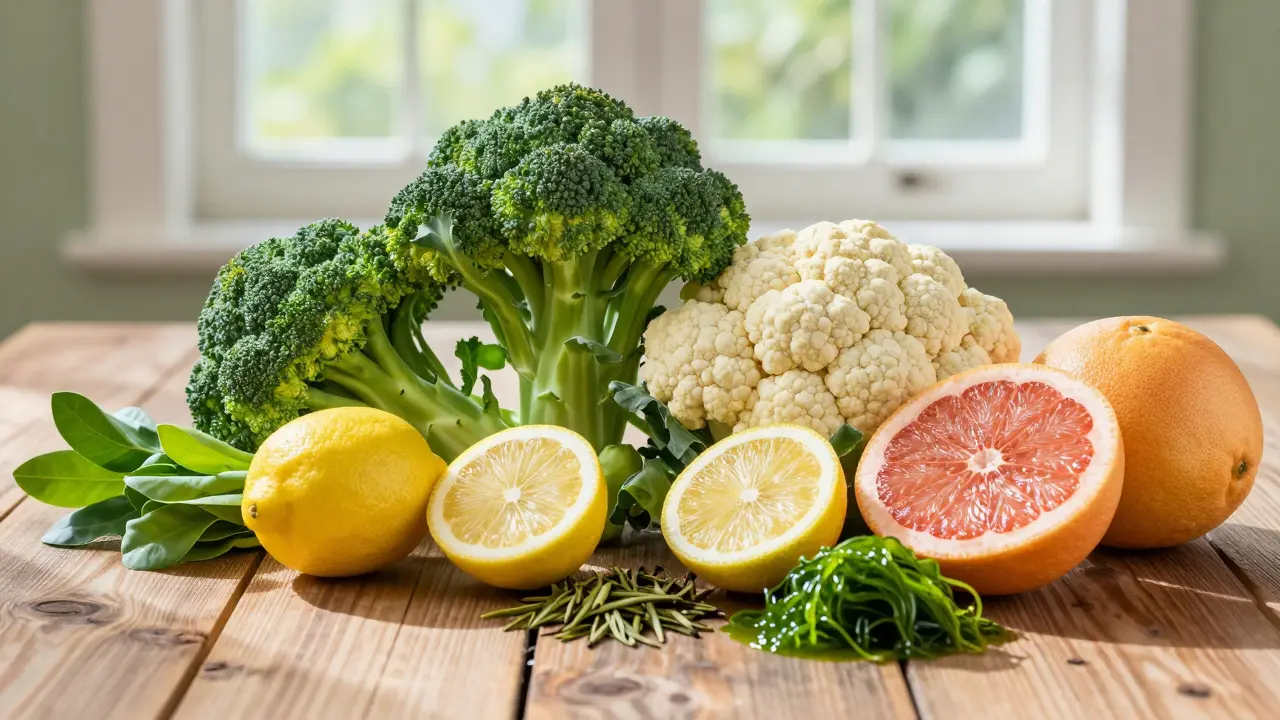 Čerstvá zelenina, citrusy a zelený čaj na dřevěném stole jako podpora detoxikace.