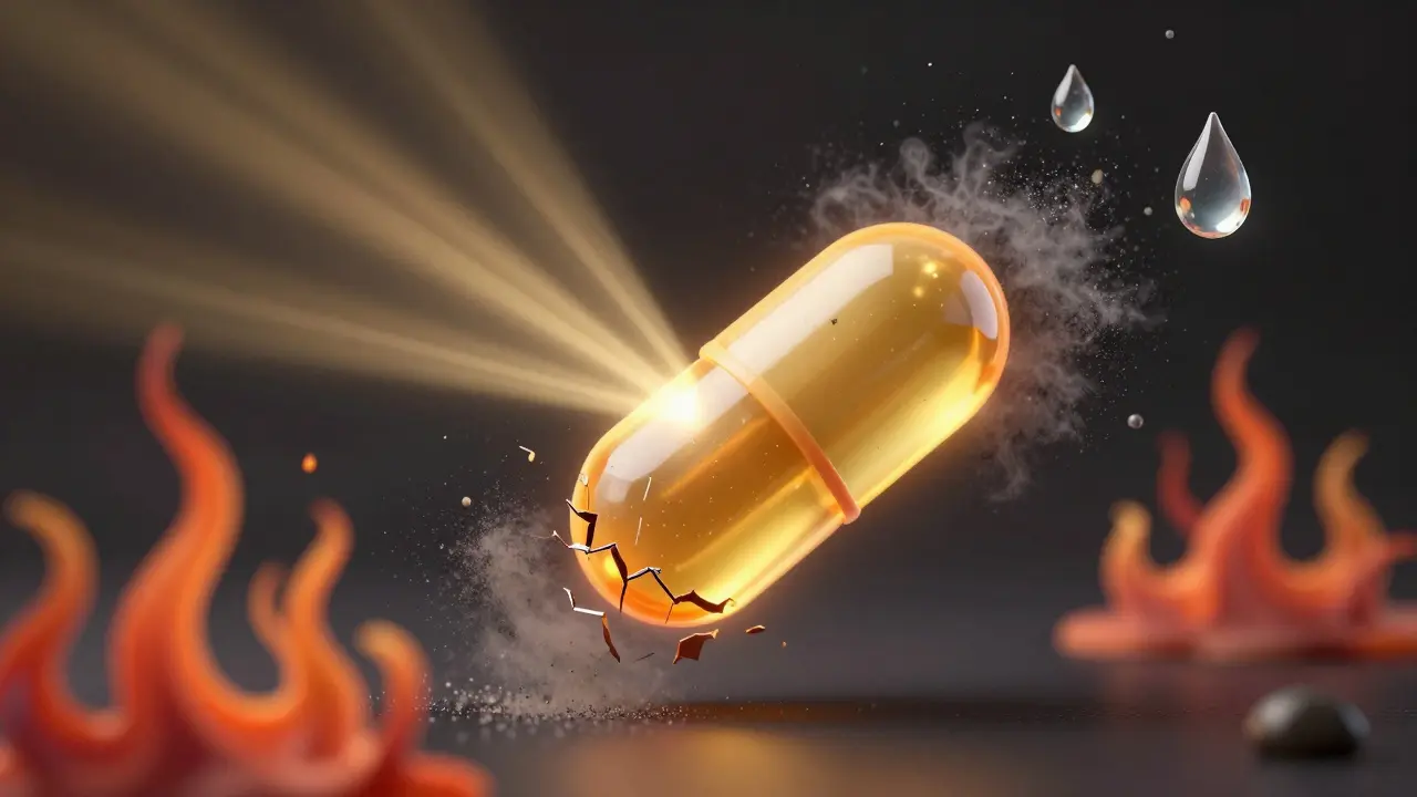 Ilustrace rozkladu vitamínů působením světla, tepla a vlhkosti