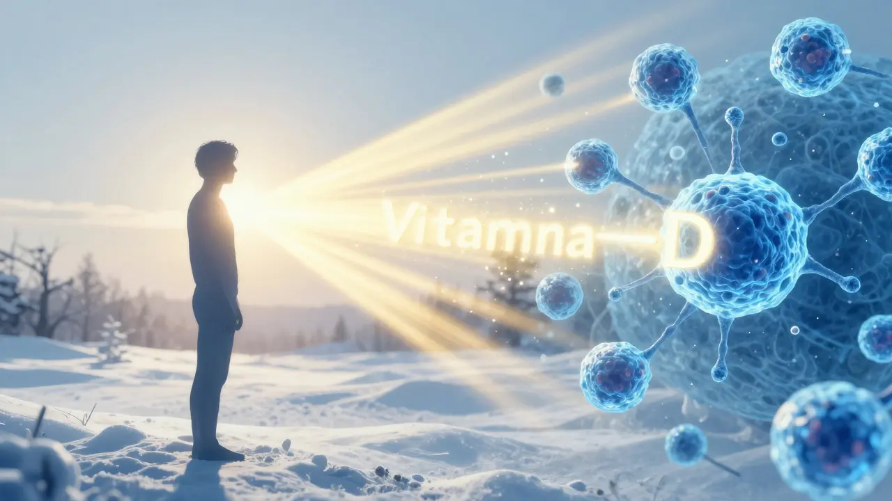 Ilustrace syntézy vitamínu D sluncem a aktivace imunitních buněk