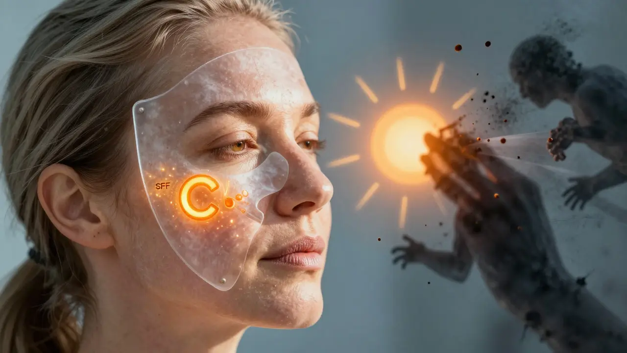 Koncept ochrany pleti před stárnutím pomocí vitaminu C a SPF