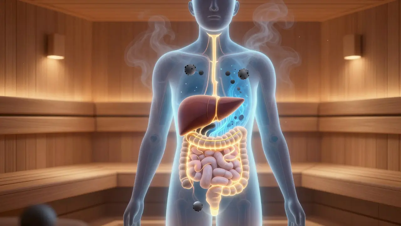 Konceptuální ilustrace detoxikace těla v sauně s vizualizací jater