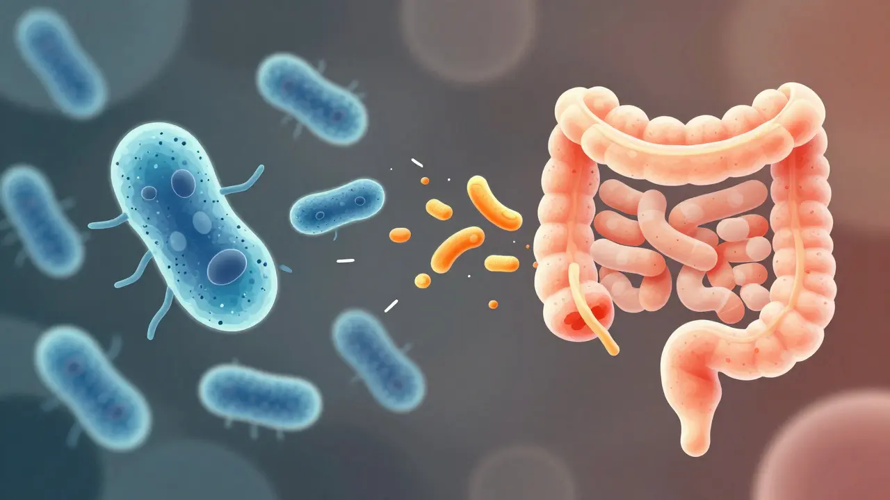 Konceptuální ilustrace synergického působení probiotik a prebiotik